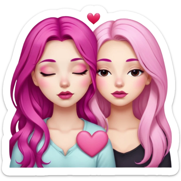 gorgeous pale girl with long magenta pink hair latina makeup next to a gorgeous girl with blonde hair girl with a light pink heart above them in between eyes closed making duck lips faces sticker