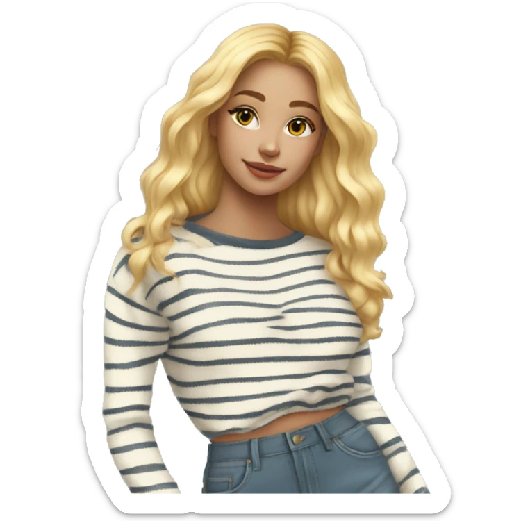 Striped white and yellow sweater on thin blonde haired girl with cute flare jeans sticker