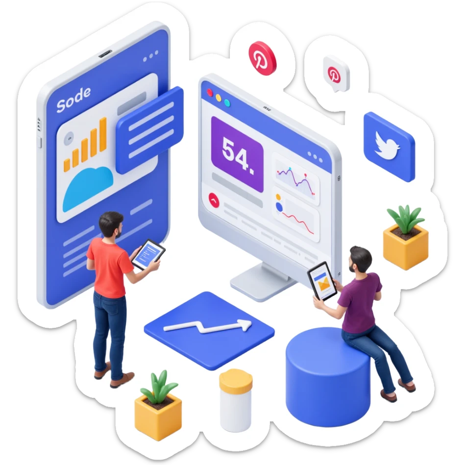 montage of AI tools creating social media ads, futuristic, clean, fast-paced, with logos and analytics elements, skeuomorphism icon style sticker