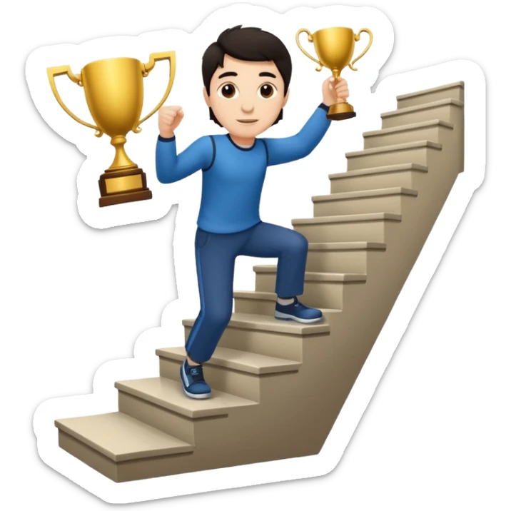 A man with fair skin and dark hair is climbing stairs to grab a trophy on the top step. sticker