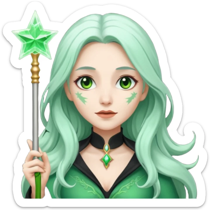 Woman with green skin color with long hair white color and carrying a magic wand sticker