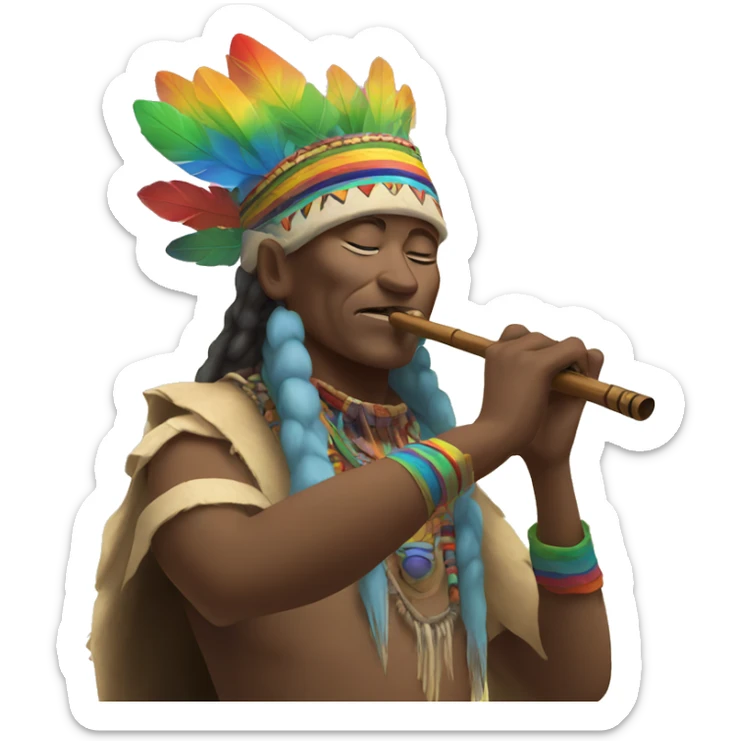 Shaman playing flute under a rainbow  sticker