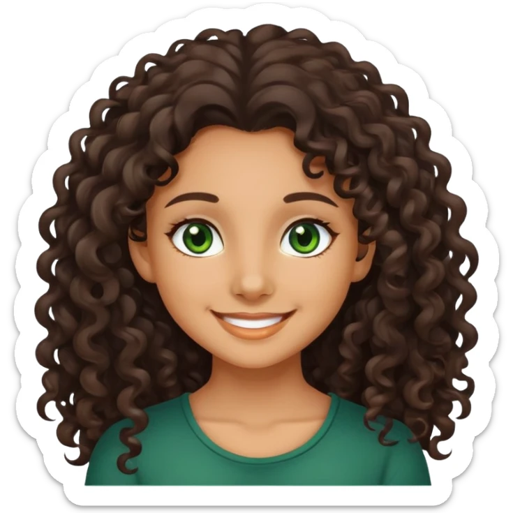 smiling girl with long dark curly hair and dark green eyes sticker