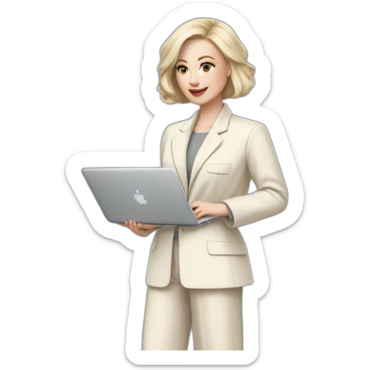 pale skin woman with ash blonde Straightened bob Hair, White Spacious classical jacket, beige palazzo Arrow pants and gray blouse holding a MacBook in the hands sticker