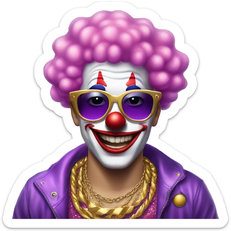 Clowning wearing pink sunglasses, glitter shirt, clown has pink and purple hair, gold chain,  sticker