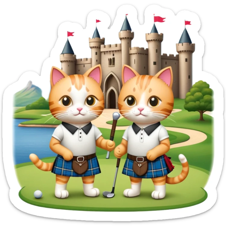 two cats in love playing golf in Scotland, wearing kilts, with a famous Scottish castle in the background sticker