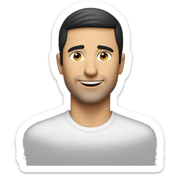 A 30 year old, caucasian man, with short black hair,   wearing a tshirt. sticker