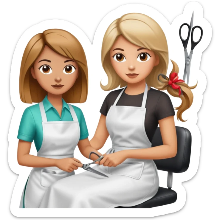 woman in apron sitting in salon chair, female hairstylist behind her with scissors sticker