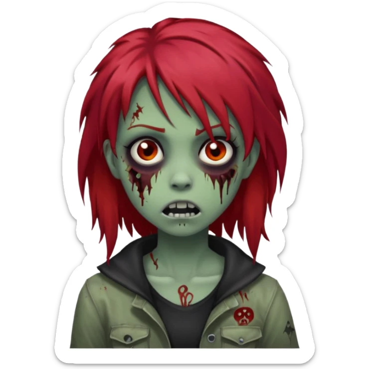 Girl, zombie, red hair, long, emo, shaggy, dark, spooky, creepy expression sticker