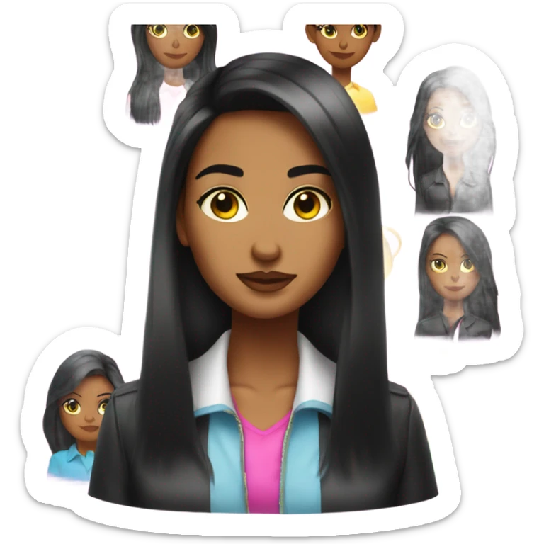 Tanned woman with long black hair dressed in Y2K preppy hair, makeup, and neon attire sticker