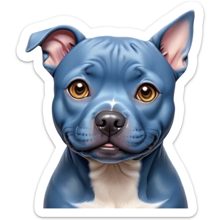 Cinematic Cute Blue Staffordshire Bull Terrier Portrait Emoji, Head tilted playfully and inquisitively, featuring a glossy blue Fur with a healthy sheen, round, sparkling dark eyes filled with curiosity, Simplified yet irresistibly adorable features, highly detailed, glowing with a warm, friendly glow, high shine, affectionate and spirited, stylized with a touch of whimsy, bright and endearing, soft glowing outline, capturing the essence of a mischievous yet loving pup, so playful it feels like it could bound out of the screen and into your arms! sticker