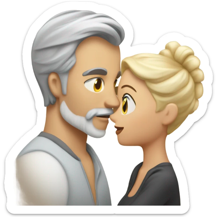 Handsome greying man with long hair in a tail and beard kissing blond athletic woman with pixie cut sticker