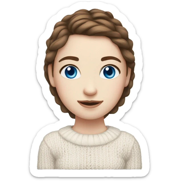 Girl with brown hair, blue eyes, and pale skin wearing a white knitted sweater  sticker
