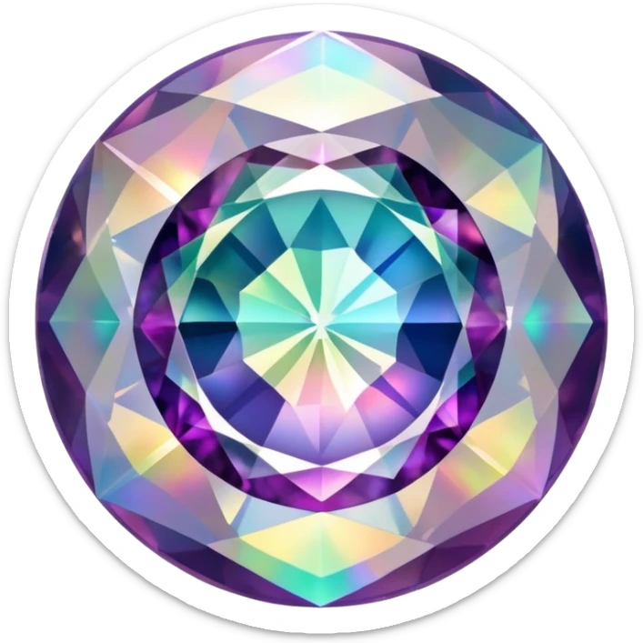 Round cut gemstone of mystic quartz with swirling holographic colors inside sticker