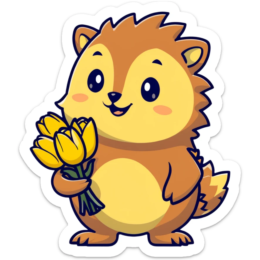adorable hedgehog with a bouquet of yellow tulips sticker