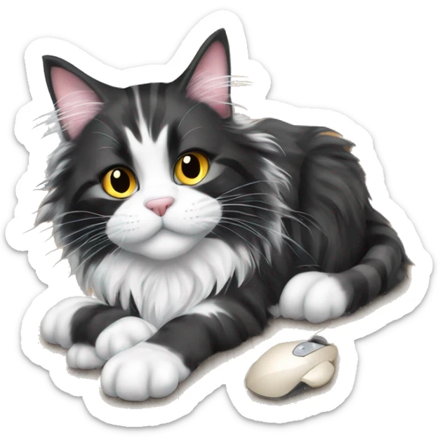 A black and white Maine Coon cat stands on the floor with his paws and holds a mouse in his hands sticker