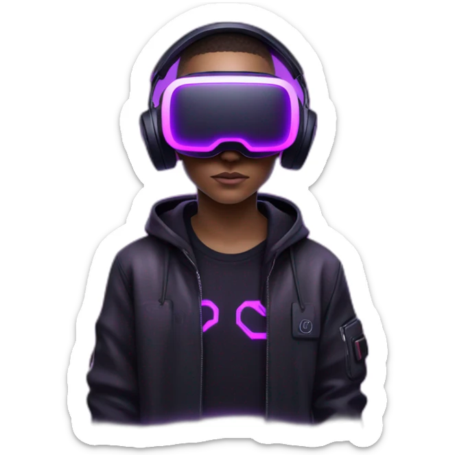 Cyberpunk style. Violet neon. boy with white-light skin in the black hoody with violet OMG VR logo on it wearing vr headset oculus quest 2 sticker