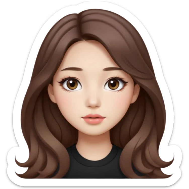 “korean straight brown hair Emoji girl, soft eyeliner and blush, gradient lips, light brown shimmer eyeshadow, long wavy hair,  sticker
