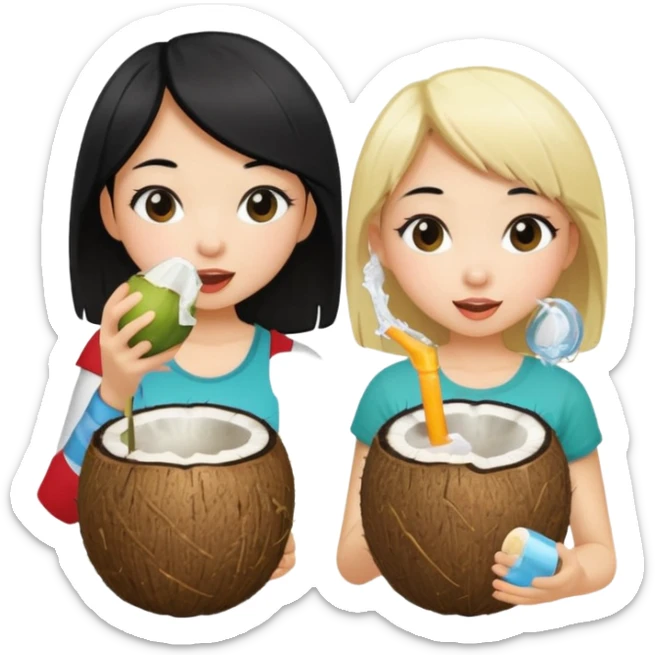Two girls drinking out of a coconut one is Asian with black hair the other is white with blonde hair  sticker