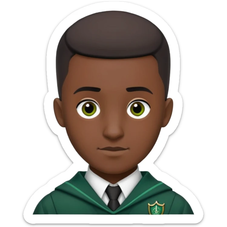 louis cordice is Blaise Zabini in harry potter, wear hogwarts slytherin uniform, Classic Buzz Cut hair, black skin, long face sticker