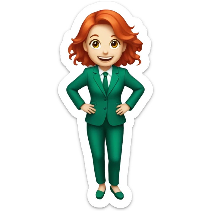 a girl with red hair, wearing an emerald pantsuit, ((cheerful, laughing)), surrounded by a white outline, on a transparent background sticker