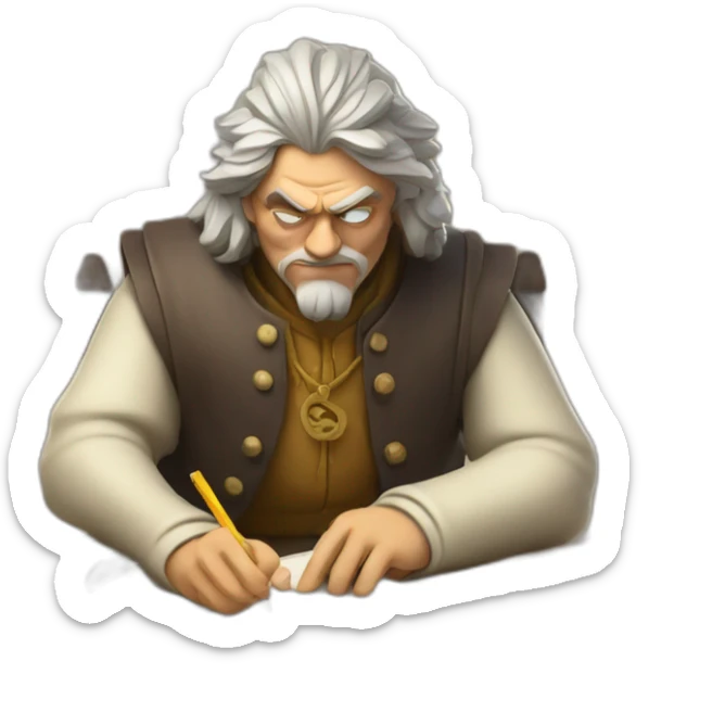 middle ages taxman, angry, writing on a paper, pile of gold sticker