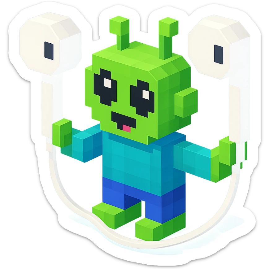 white EarPods headphones floating in space with a cartoonish alien holding them sticker