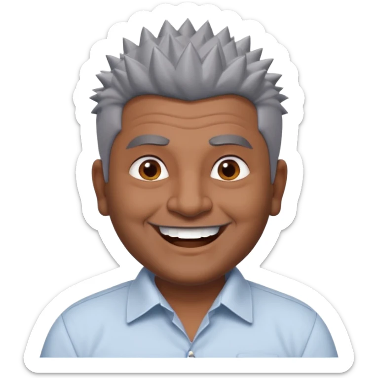 50 yr old indian man, dark skin, grey hair, big smile, white teeth, chubby, no moustache, clean shaven, spiky hair sticker