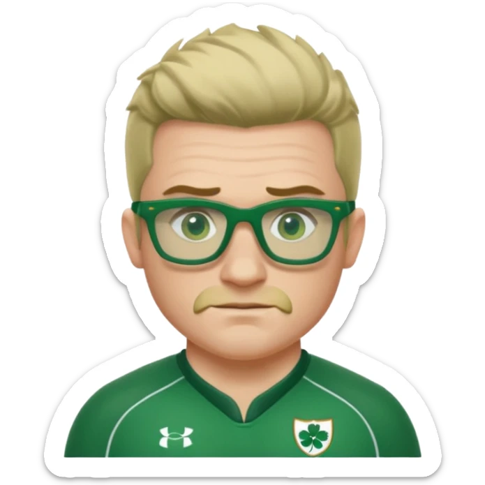 irish rugby player with skin head hair and green glasses sticker