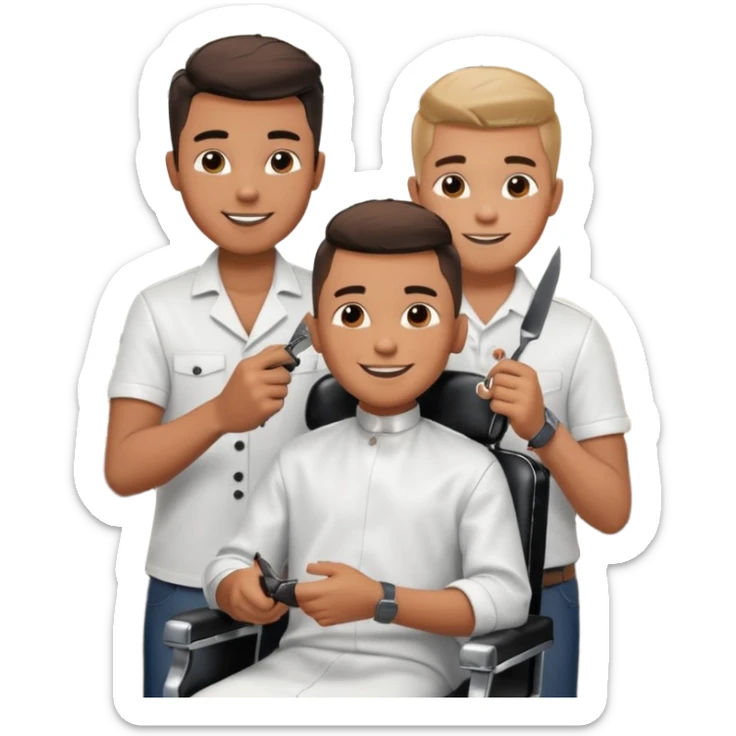 Barber cutting boys hair. Show the boy sat in black barber chair and both having smiles on their faces sticker