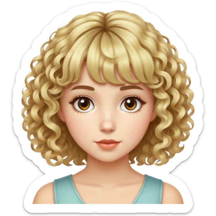 Garota de pela clara,cabelo cacheado curto e volumoso com franja e mecha loiras sticker