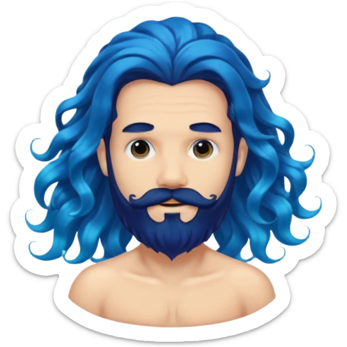 male with extremely wavy, flowing blue mermaid hair and a very dark, full black beard, emoji style sticker