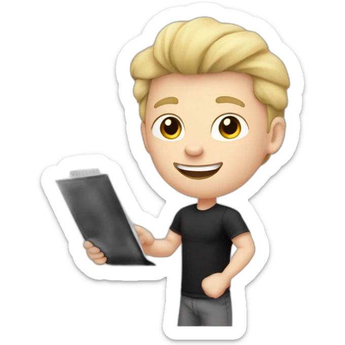 Pale skinned Fit Man With the biceps and blonde hair in black shirt, gray sports shorts and white Sneakers Writing text on the flipchart sticker