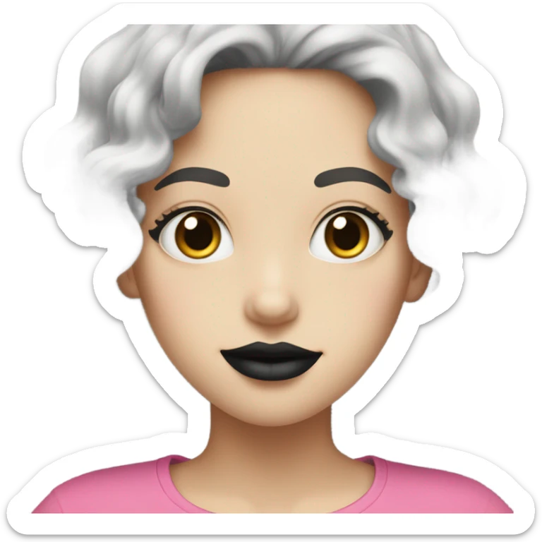 pale girl has black curly hair with black lipstick and pink t-shirt sticker