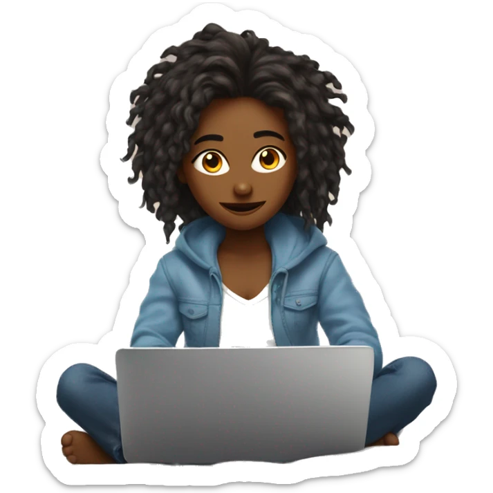 girl with blue eyes and disheveled hair sits on bed and looks at laptop with mug in hands sticker
