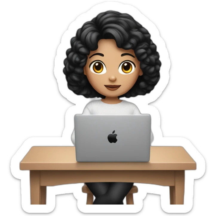 memoji of a female with a modern apple laptop in front, black hair, white skin, black sweater, computer in hand --ar1:1 sticker