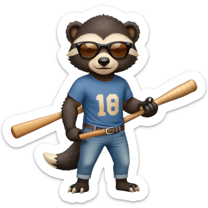 mischievous anthropomorphised honey badger in jeans and a t-shirt, wearing sunglasses, holding a baseball bat over shoulder sticker