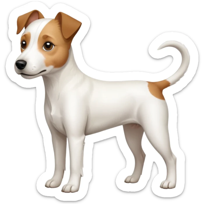 a full body white parson russell looking dog the size of a kelpie with light brown ears and a light brown patch on one eye and a large snout sticker