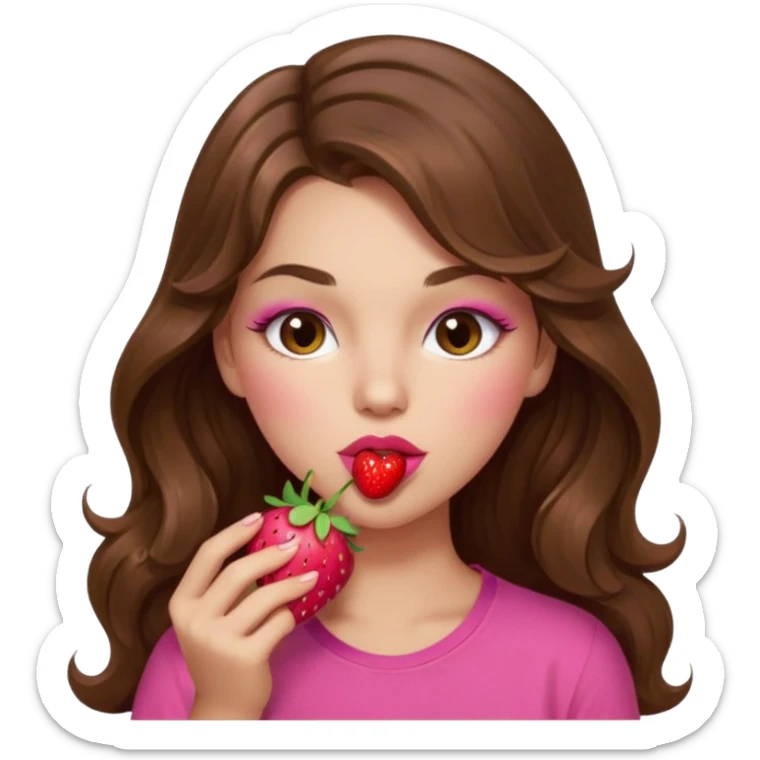 girl with long wavy brown hair, brown eyes, light to medium complexion, in a pink shirt, pink lips, long lashes, sexy , puckering lips kissing, blushing, eating a strawberry sexy sticker