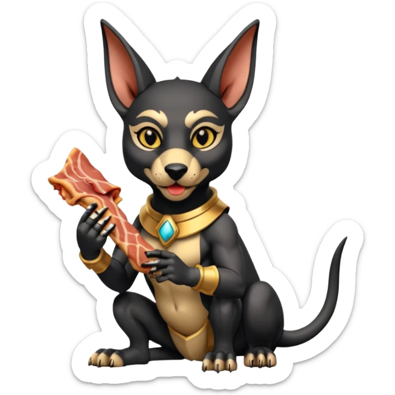  Fit mean Short-eared Black fur beautiful female robo anubis puppy statue gargoyle posed biting bacon  sticker
