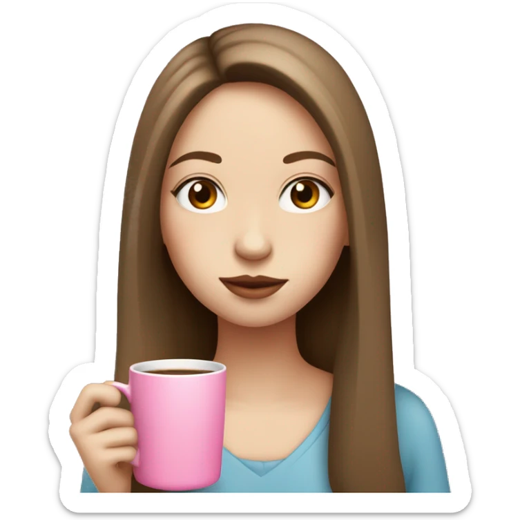 girl with pale skin and brown long hair sipping from pink mug sticker