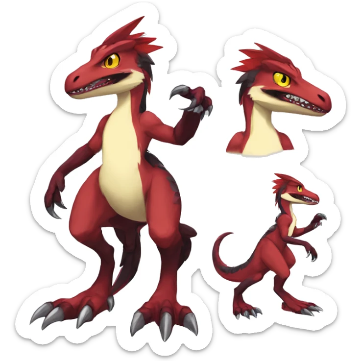 Anthro Cute cool black red white yellow nargacuga-velociraptor-sergal animal hybrid Fakemon full body sticker