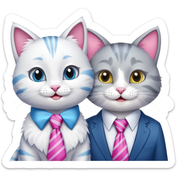 happy girl cat with bow and eyelashes wearing a bright necktie next to happy boy cat wearing a striped necktie, both cats smiling together sticker
