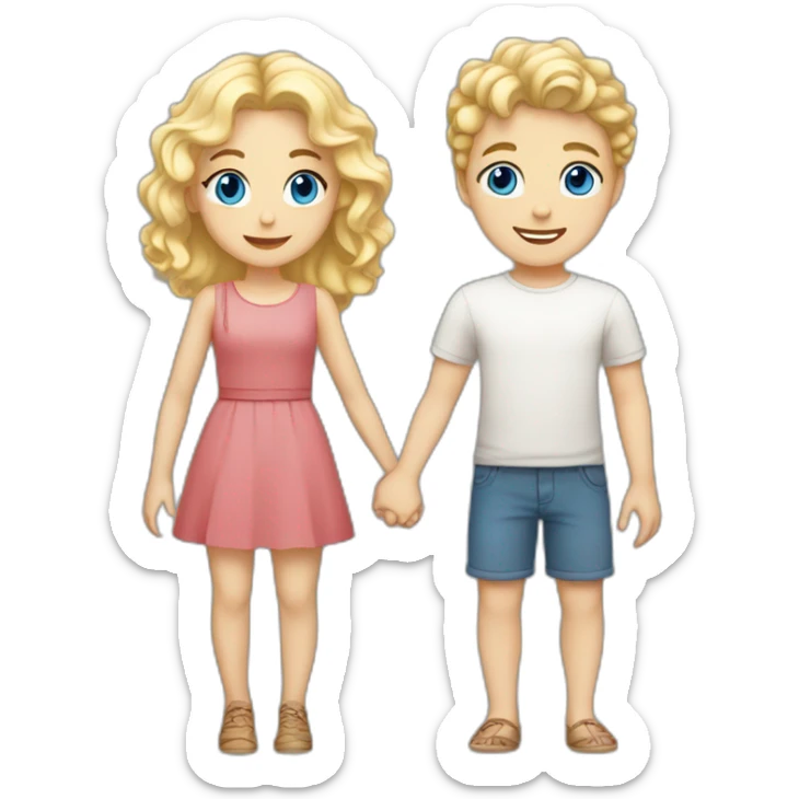 Girl with blonde wavy hair and blue eyes holding hands with blonde short haired boy with white skin and brown eyes sticker