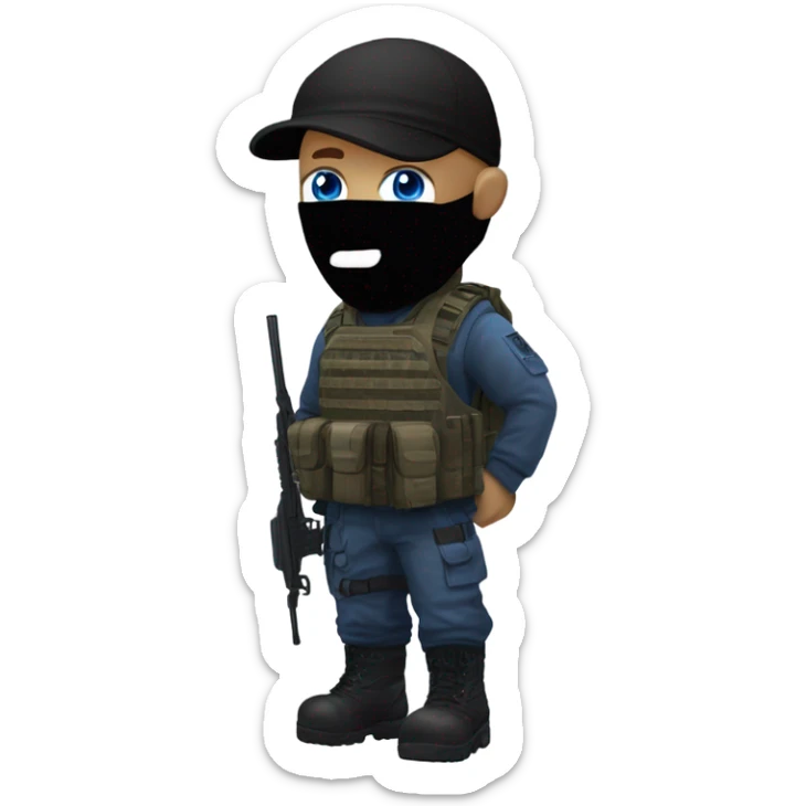 male, pale skin, call of duty black face mask, camo tactical gear, combat boots, black beanie, blue eyes sticker