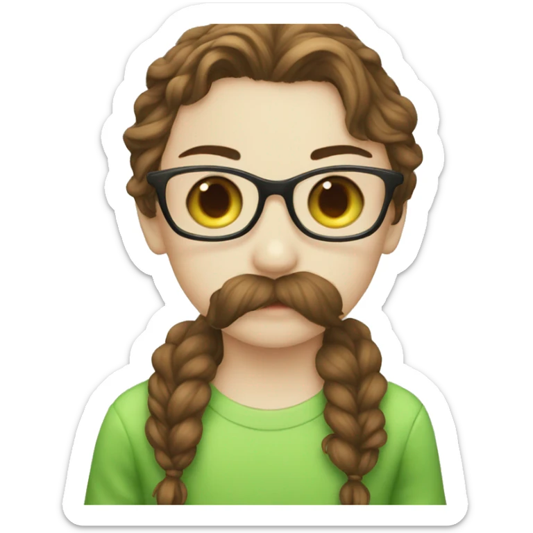 A boy with brown hair and a mustache is kissing a green haired girl wearing glasses sticker