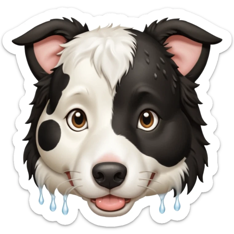 A black and white border collie has the hoof of a cow in her mouth. sticker
