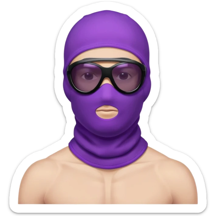 shirtless athletic man with white skin, wearing a purple balaclava face mask and purple sunglasses with black tinted lenses sticker