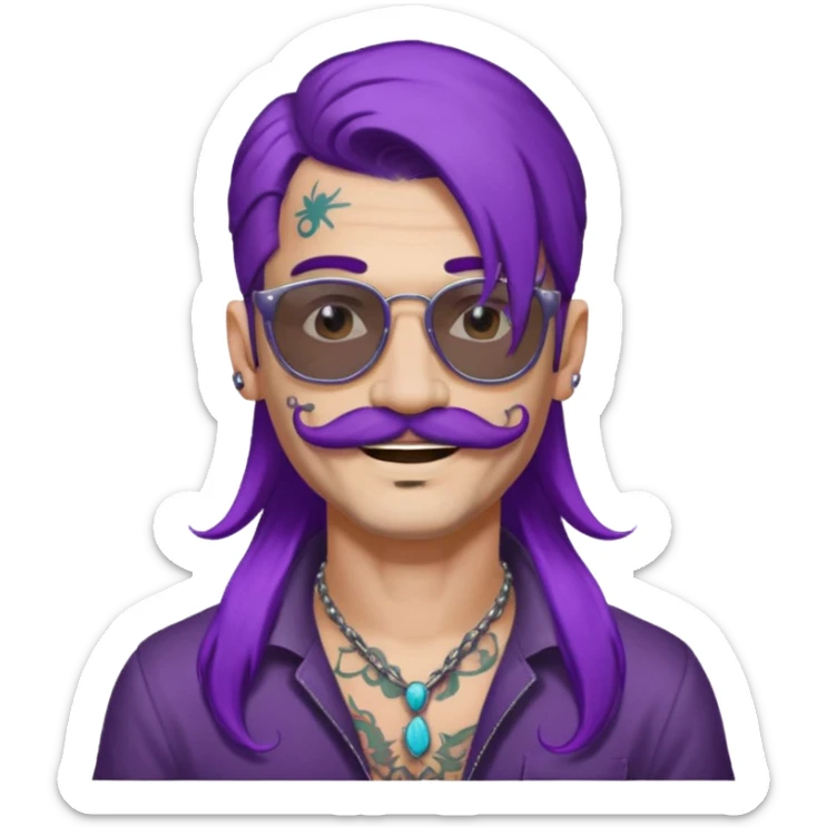  long purple haired man, mustached and face tattoes, handsome, sunglassess wearing sticker