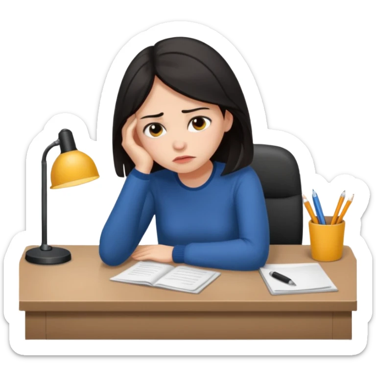  iOS emoji style - An sad and overwhelmed woman sitting at a desk. She has dark hair. sticker